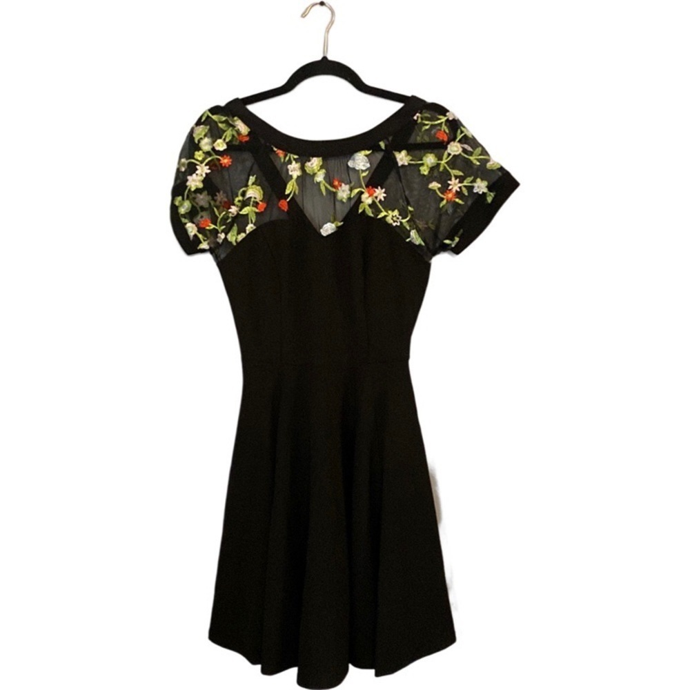 Eva Rose Pin Up style black fit & flare sheer bodice with embroidered flowers SM